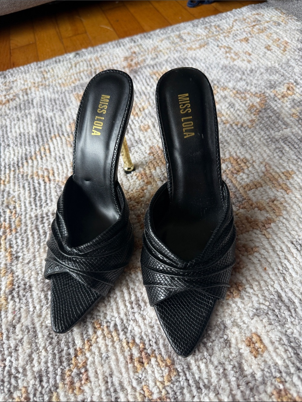 Miss Lola Black Pointed Mule Heels with Gold Stiletto